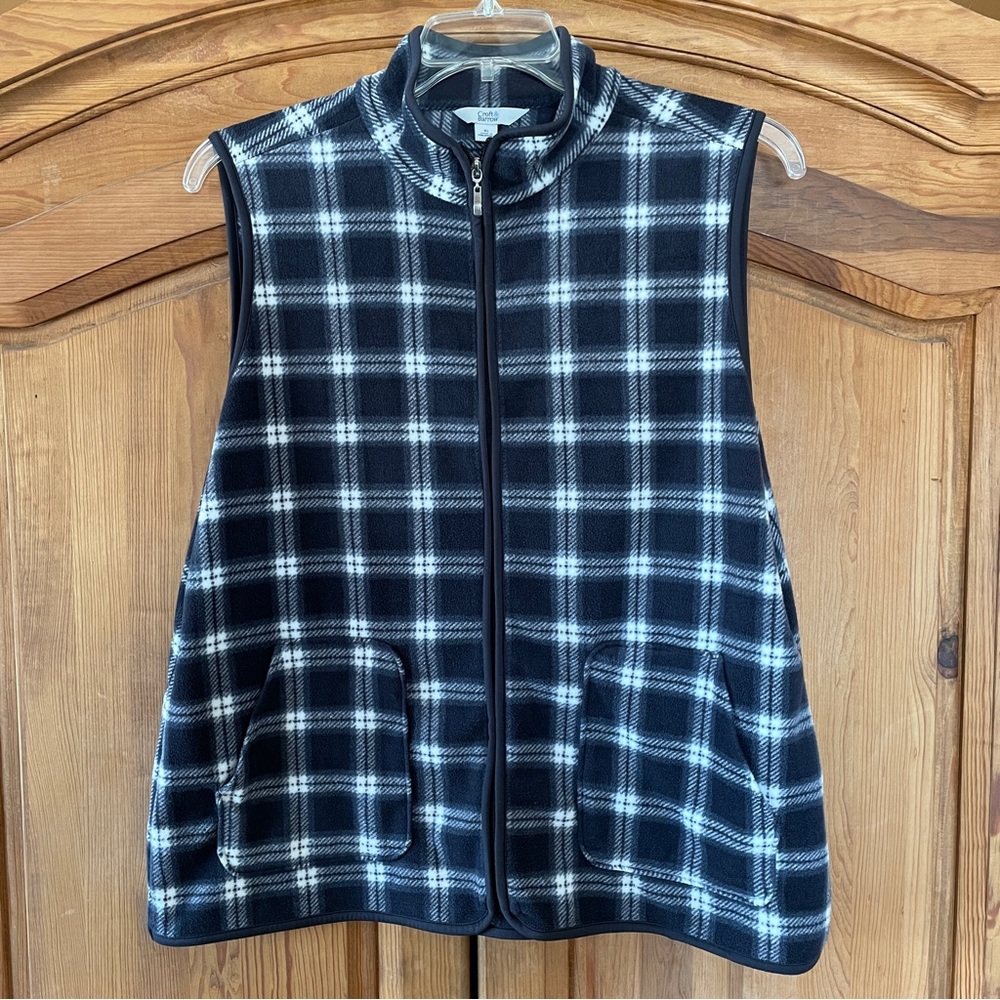 Croft & Barrow Womens Black &White Plaid Vest Zip Front Fleece XL